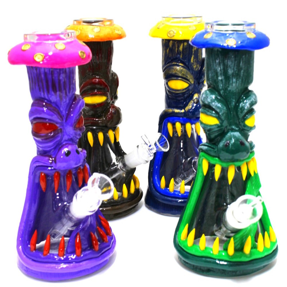 Beaker base monster design decorated water pipe featuring durable borosilicate glass, unique artwork, stable base, and smooth airflow.