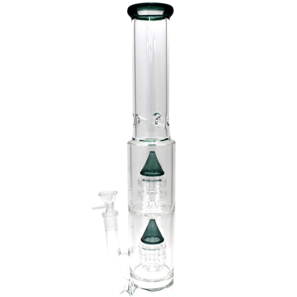 Straight double shower head percolator water pipe featuring durable glass construction dual filtration system and smooth airflow for clean and cool hits.