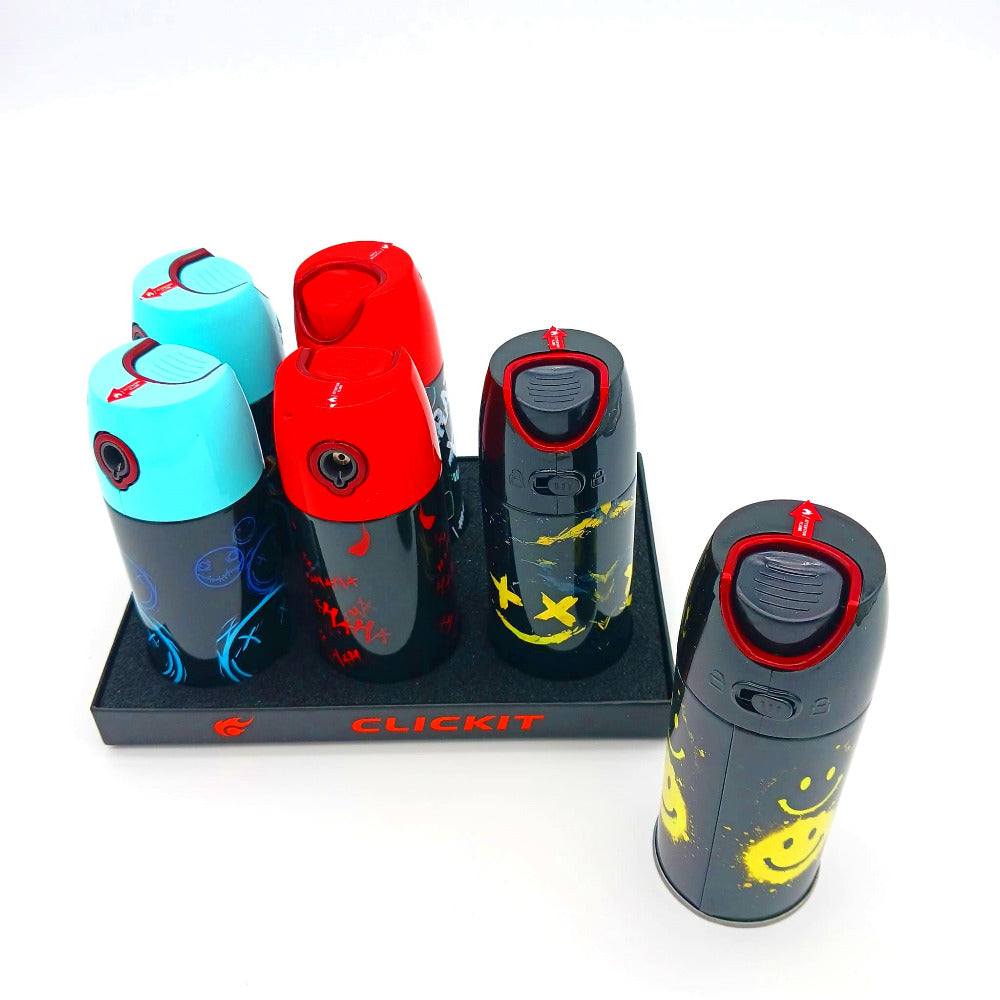 CLICKIT spray can torch lighters with smiley face design, 6-pack box