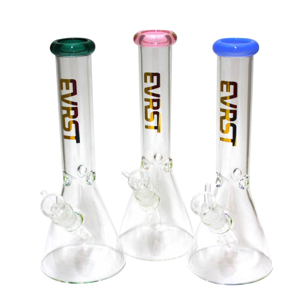 EVRST beaker water pipe with downstem and 14mm male bowl, durable borosilicate glass construction with stable beaker base and smooth filtration system.