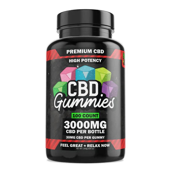 Hemp Bombs - High Potency CBD Gummies, 100 pieces (30mg per gummy), 3000mg per jar (6 jars per display).