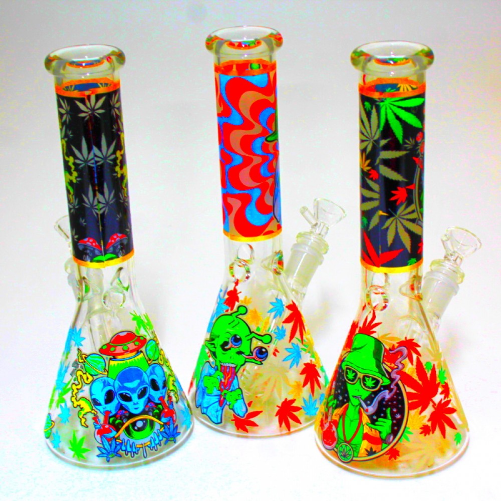 10'' Glow In The Dark Beaker Decal Design Water Pipe With 14 MM Male Bowl Glass On Glass