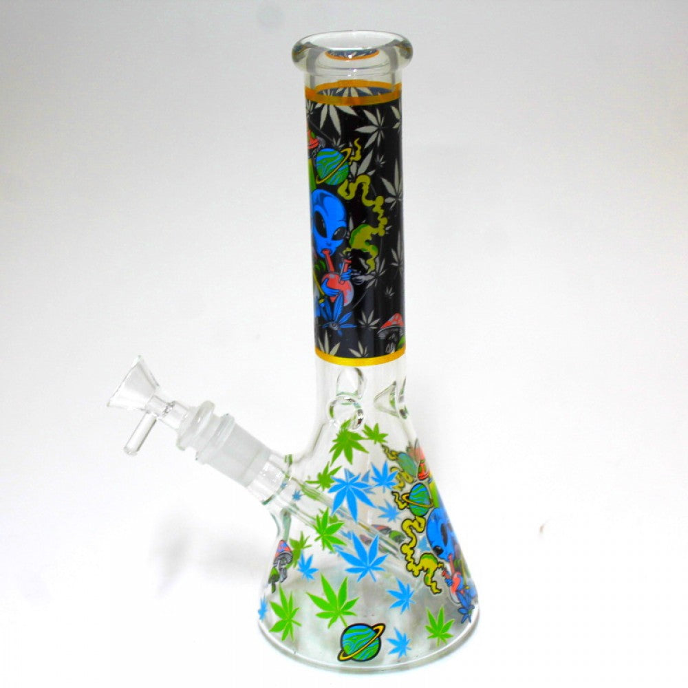 10'' Glow In The Dark Beaker Decal Design Water Pipe With 14 MM Male Bowl Glass On Glass