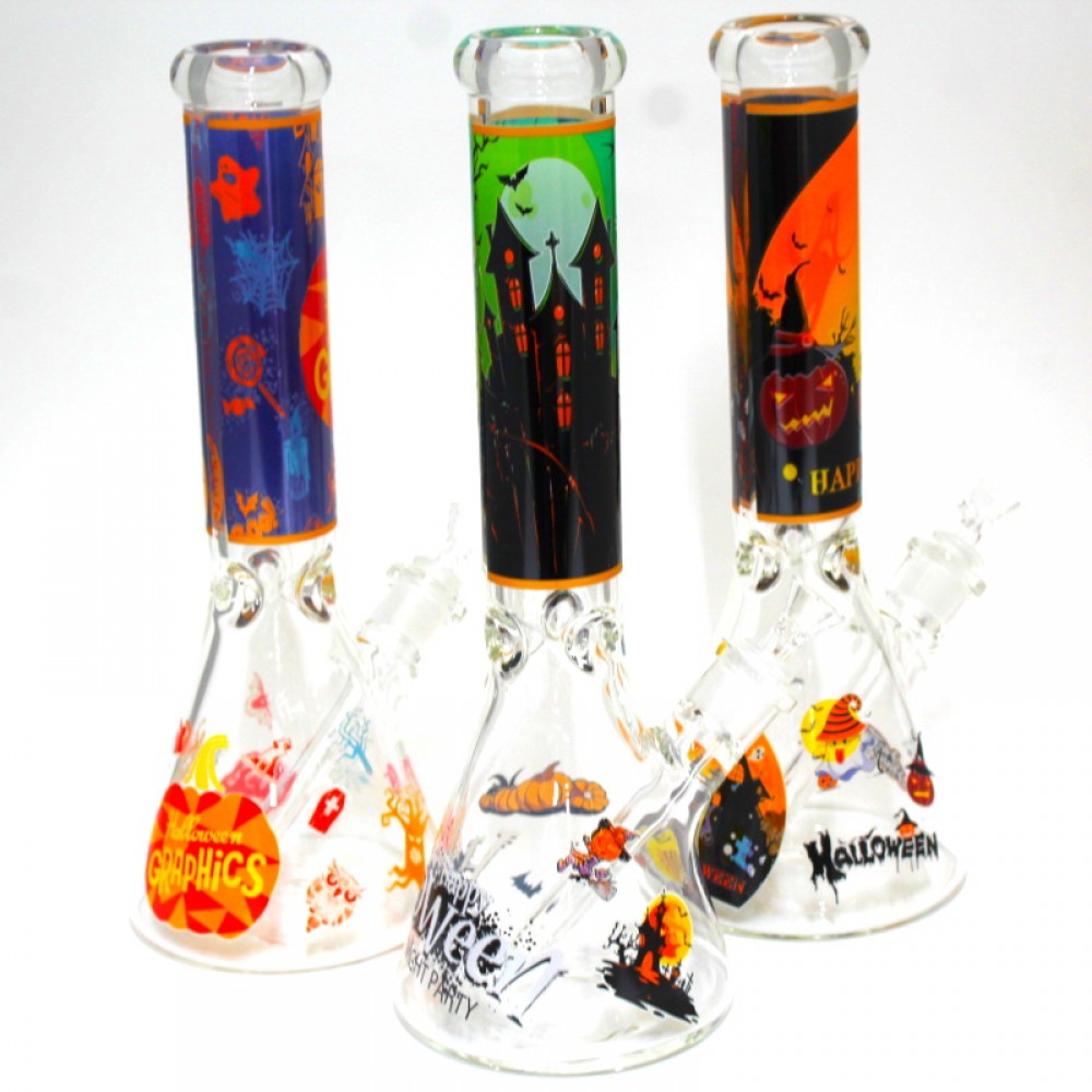 14'' Glow in The Dark Halloween Design Beaker Picture Art Heavy Duty Water Pipe G-G