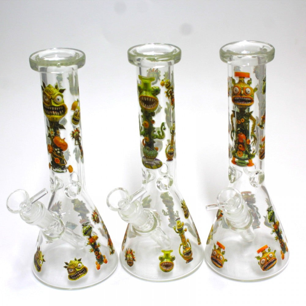 10'' Glow in The Dark Beaker Decal Monster Design Water Pipe With 14 MM Male Bowl Glass On Glass