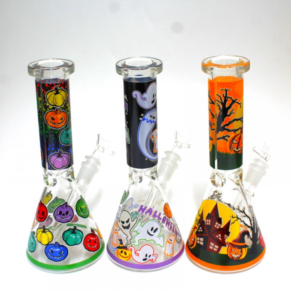 10'' Glow in The Dark Beaker Halloween Design Colorful Water Pipe With 14 MM Male Bowl Glass On Glass