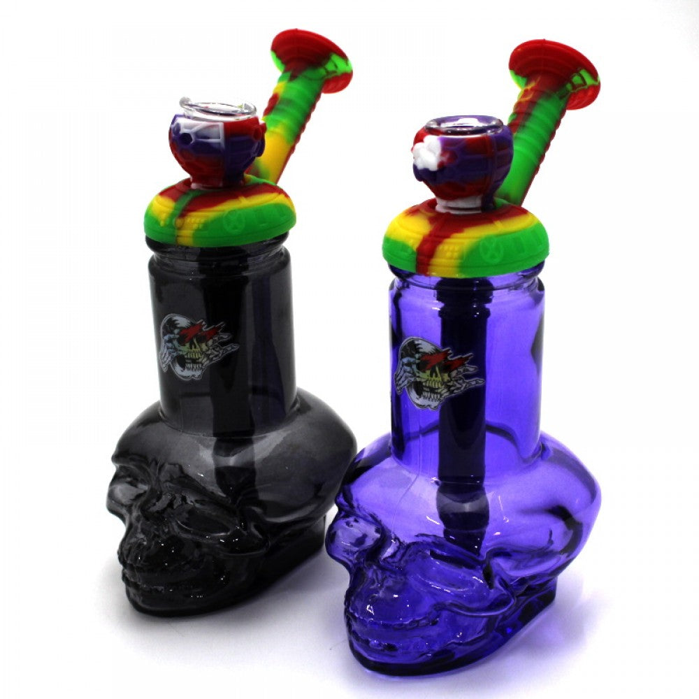 7'' Skull Design Glass With Silicone Top Water Pipe With 14 MM Male Bowl