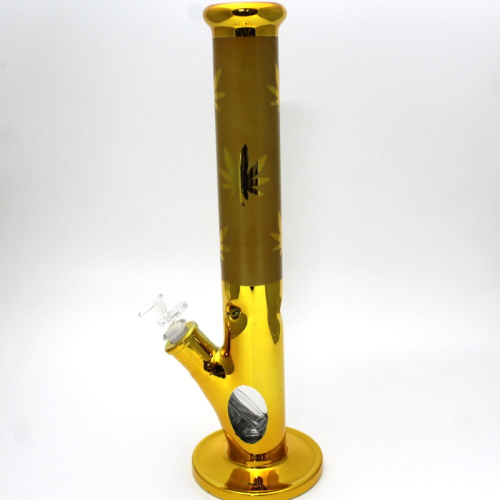 15.5'' Gold Color Straight Shooter Leaf Art Heavy Water Pipe With 14 MM Male Bowl Glass On Glass