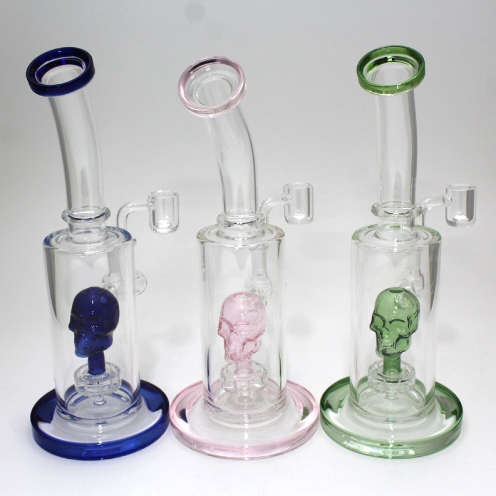 10'' Flat Bottom Skull Percolator Water Pipe With 14 MM Male Banger