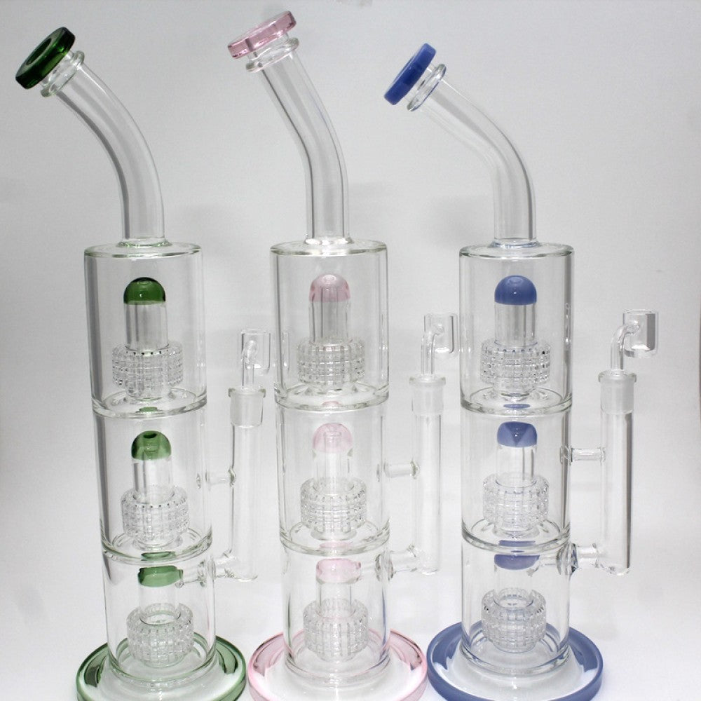 18'' Flat Bottom Triple Diamond Cut Design Percolator Heavy Water Pipe With 14 MM Male Banger