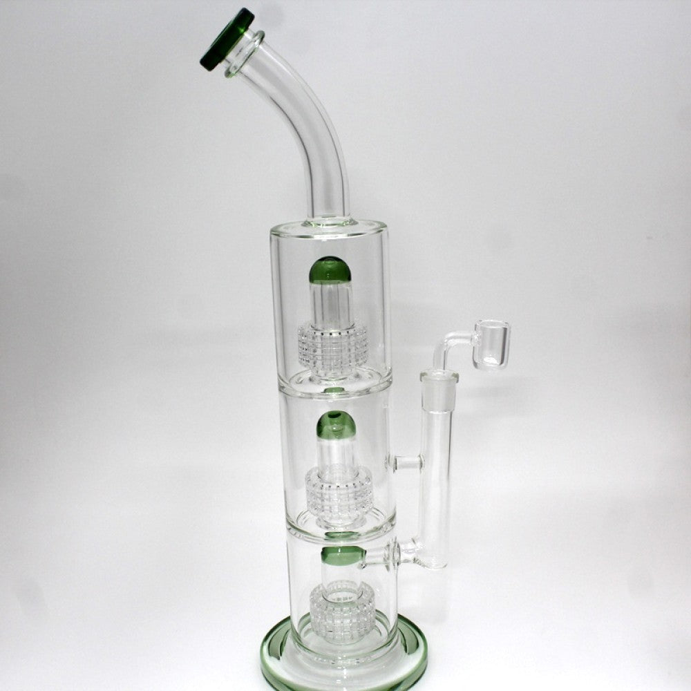 18'' Flat Bottom Triple Diamond Cut Design Percolator Heavy Water Pipe With 14 MM Male Banger