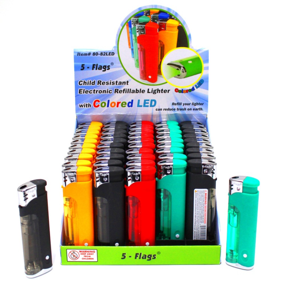 ITEM # 80-82LED 5-Flags Refillable Lighter With Colored LED 50 CT Pack