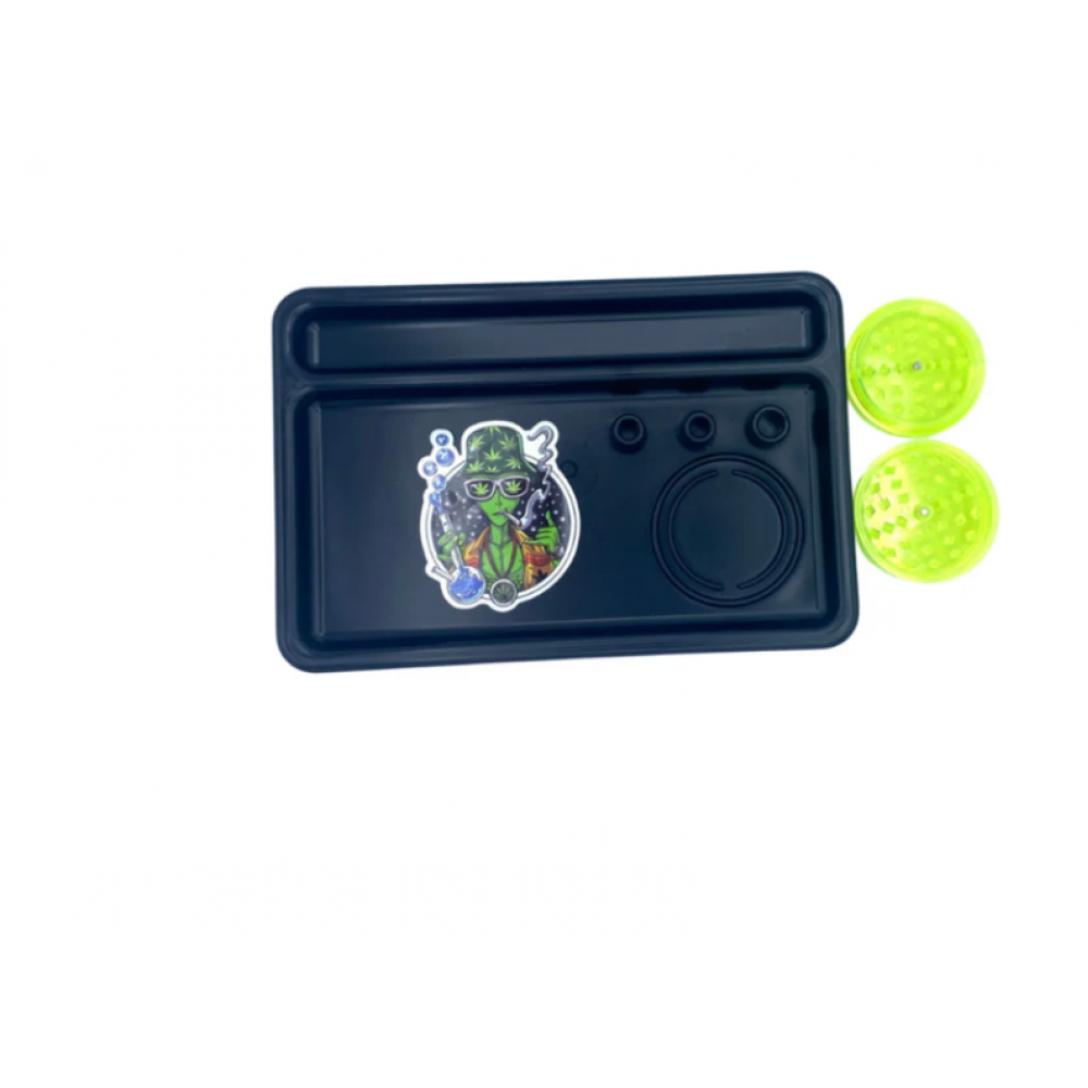 Plastic storage tray with compartments and built-in grinder, lightweight durable design with organized sections for easy grinding and daily use.