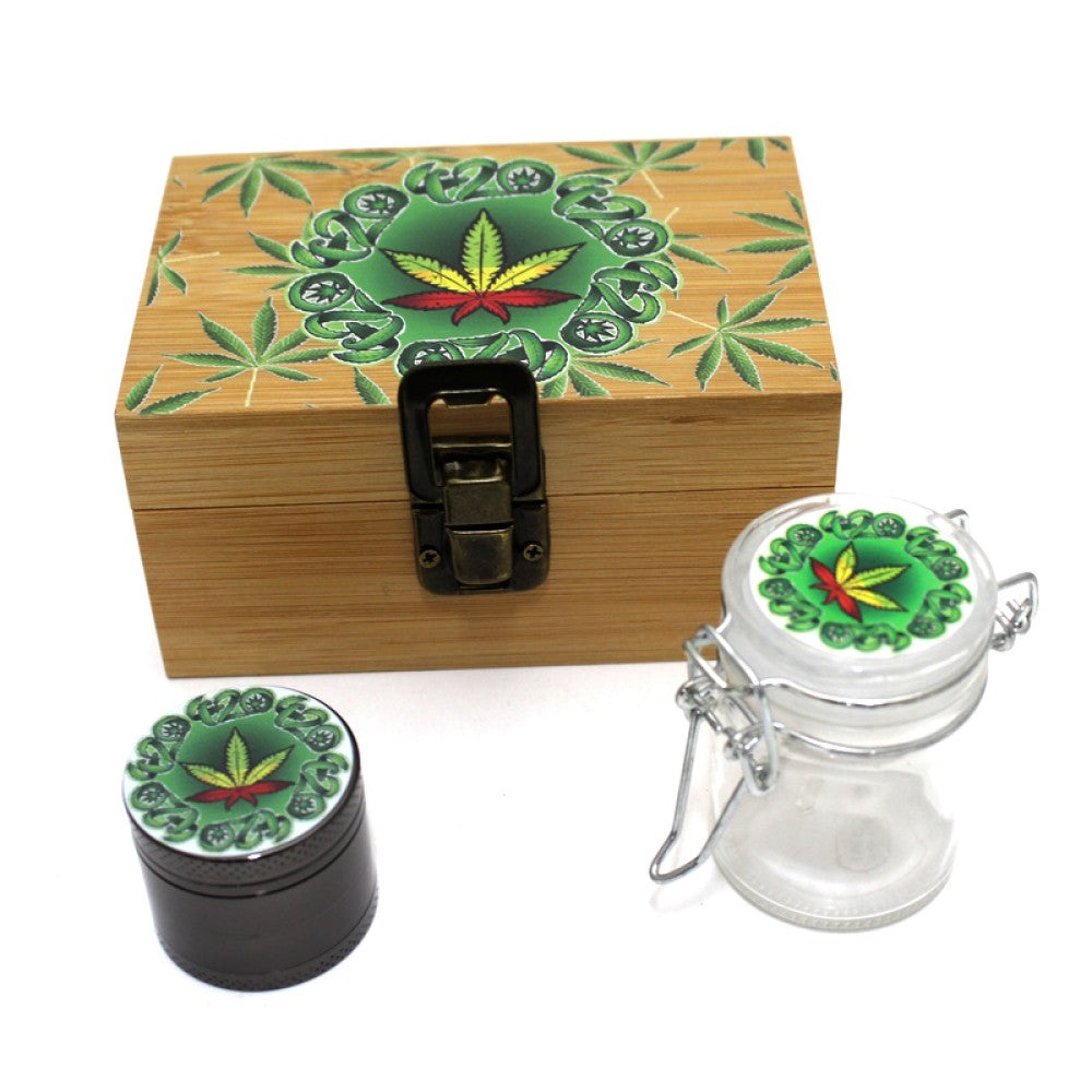 Bamboo stash box with decorative top, glass jar storage, and 40mm 4-part grinder for smooth herb grinding and organized storage.