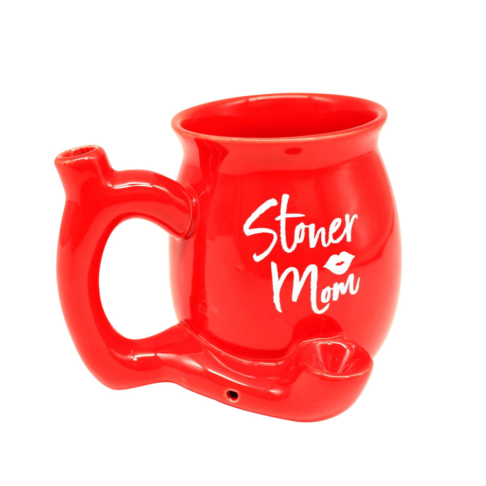 Red & White Stoner Mom Ceramic Fancy Design Cup With Hand Pipe