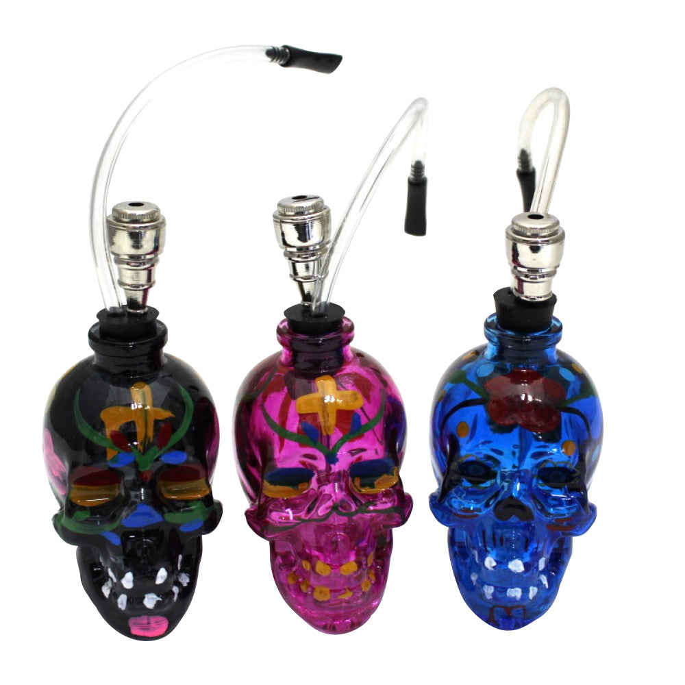 Skull Design Fancy Assorted Color Glass Bong With Pipe