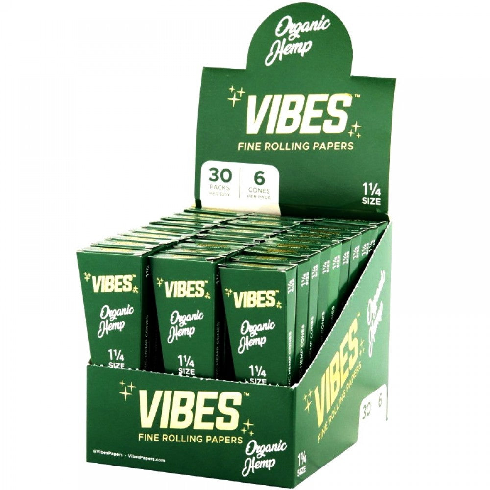 Vibes Cone Organic Hemp 1 1/4 Size 30 Packs Per Box / 6 Cones Per Pack