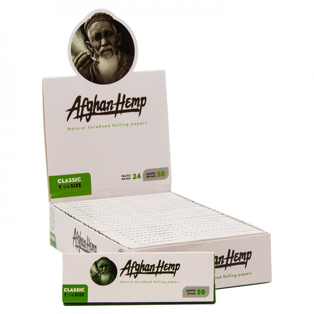 Afghan Hemp Classic 1¼ size rolling papers 50 per pack made from natural hemp fiber, unbleached, chemical-free, slow burning, and eco-friendly design.