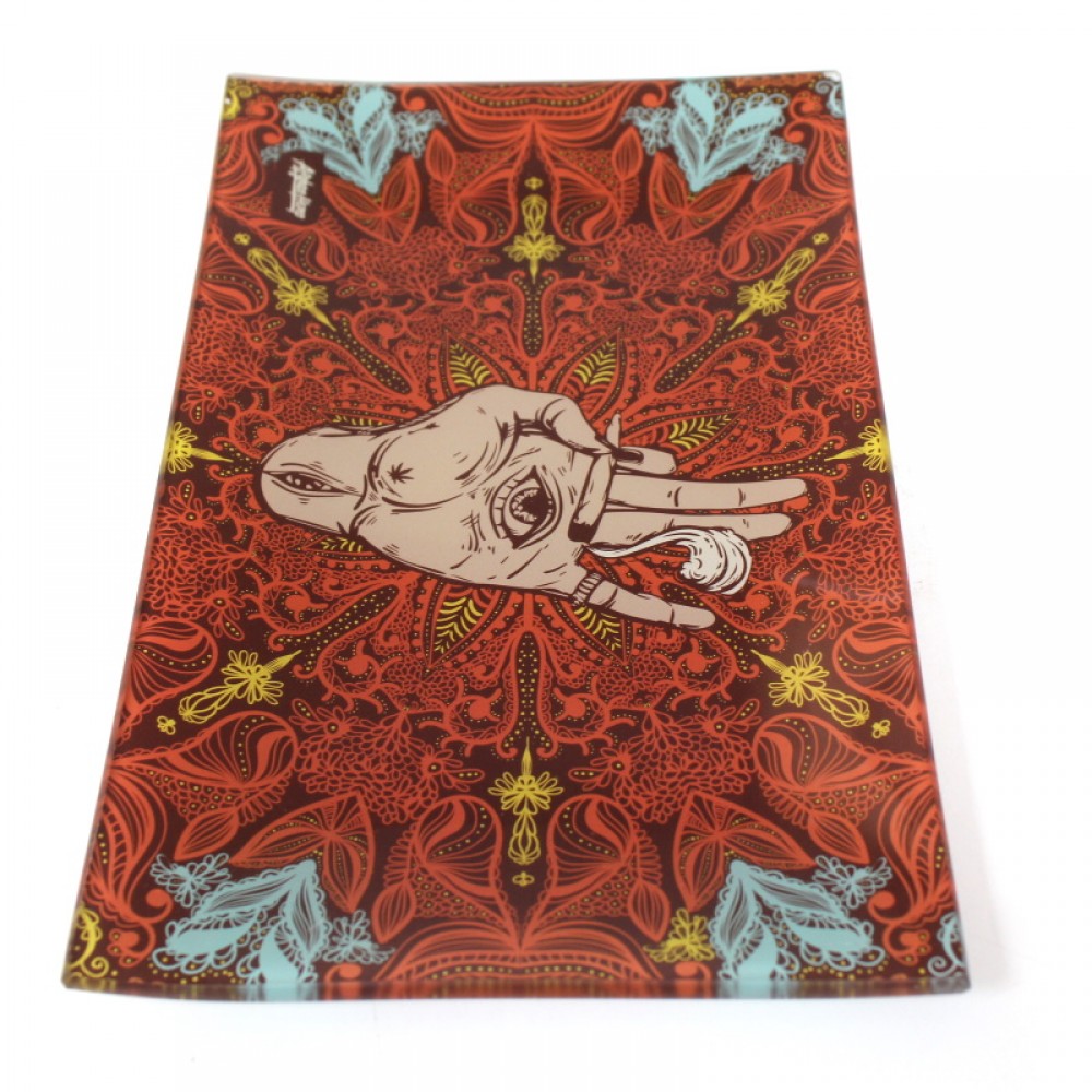 Afghan hemp print glass rolling tray medium size 6 x 10 inches with durable tempered glass, smooth surface, and stylish decorative design.