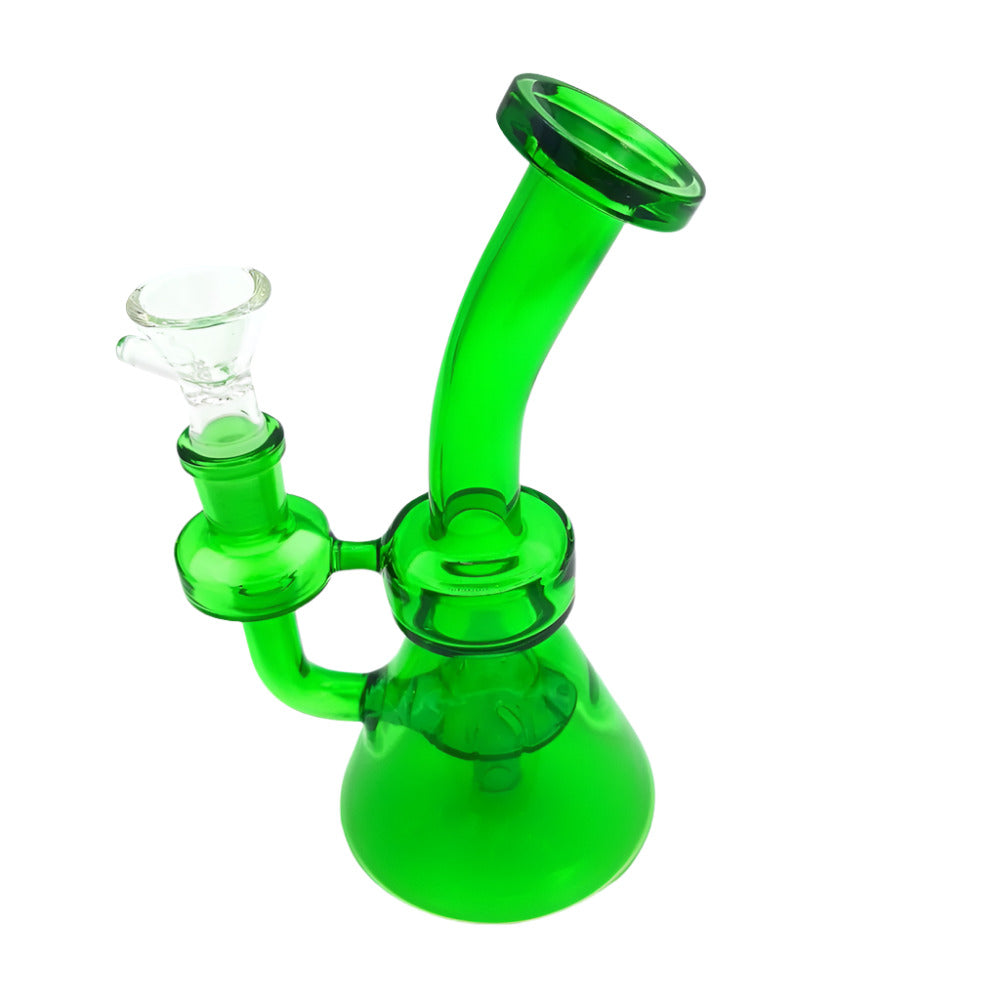 Angled neck color water pipe made from durable borosilicate glass with smooth filtration, sturdy construction, and vibrant decorative accents.