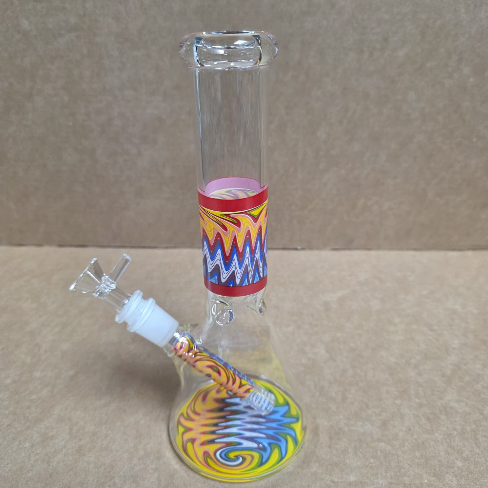 Colorful beaker style glass water pipe with artistic design, strong build quality, and smooth filtration for clean use.