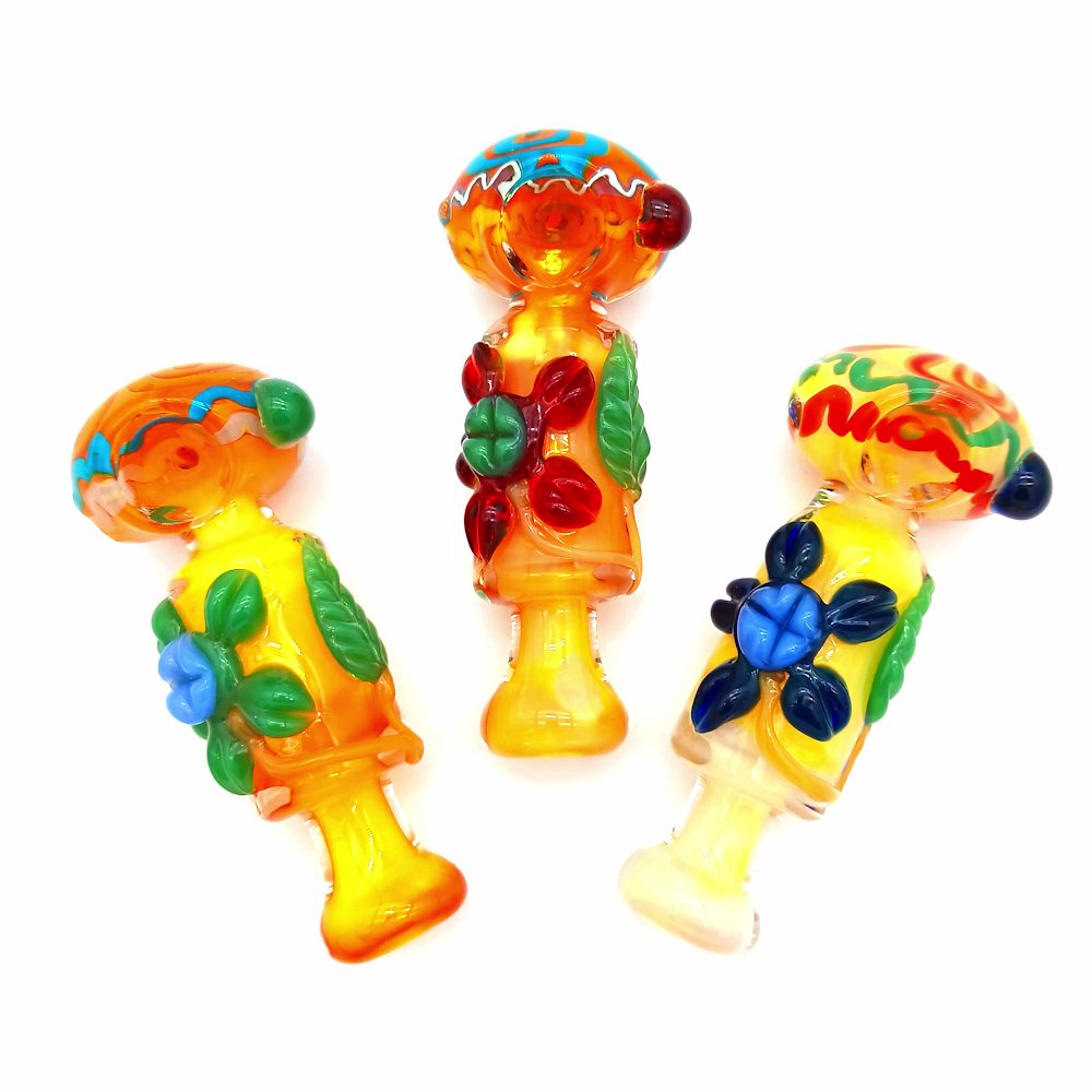 Art color flower leaf design heavy duty glass hand pipe featuring vibrant floral and leaf artwork, thick durable glass construction, and compact handheld design.