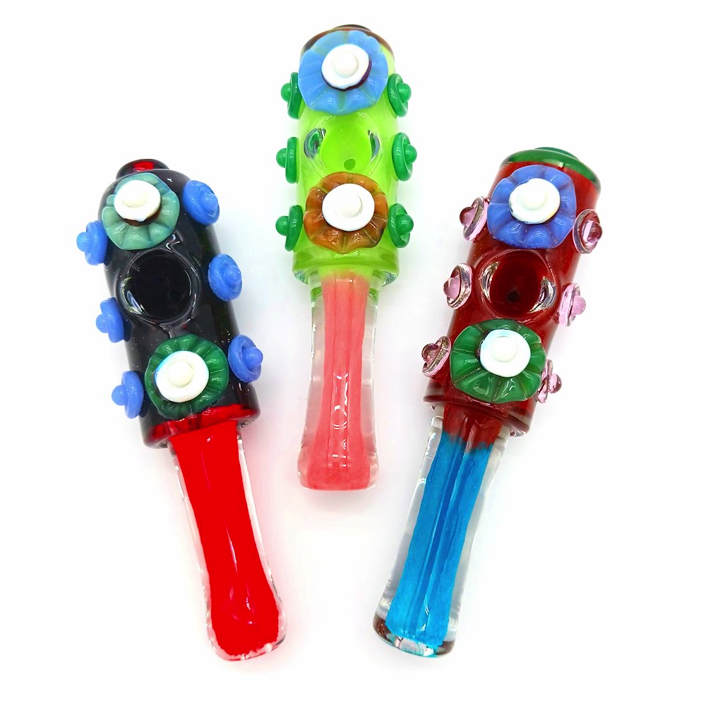 Art color roller design heavy duty glass hand pipe featuring vibrant multicolor roller-style artwork, thick durable glass construction, and compact ergonomic handheld design.