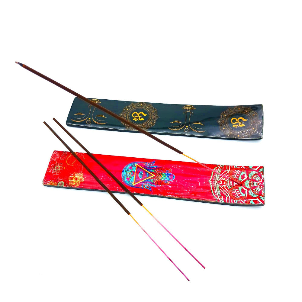 Art design wooden incense burner with picture detailing, crafted for safe burning of incense while adding a stylish decorative touch to any home or meditation space.