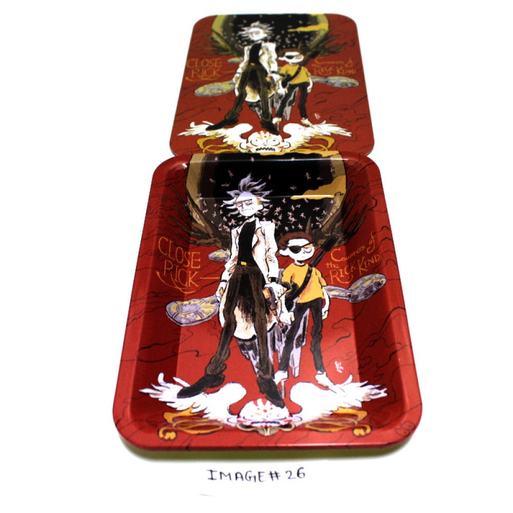 Art metal tray set with magnetic cover lid, durable and stylish two part design for organized use.