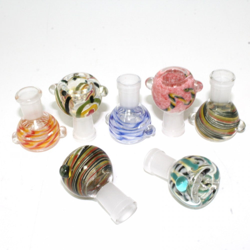 Art mixed color 14MM female glass bowl designed for water pipes with heat resistant durable glass and smooth airflow performance.