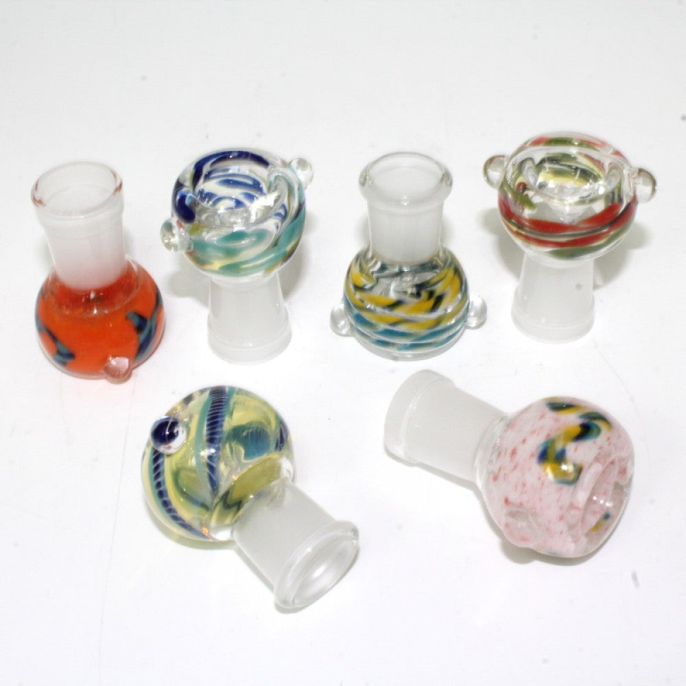 Art mixed color 18MM female glass bowl designed for water pipes with heat resistant durable construction and smooth airflow performance.