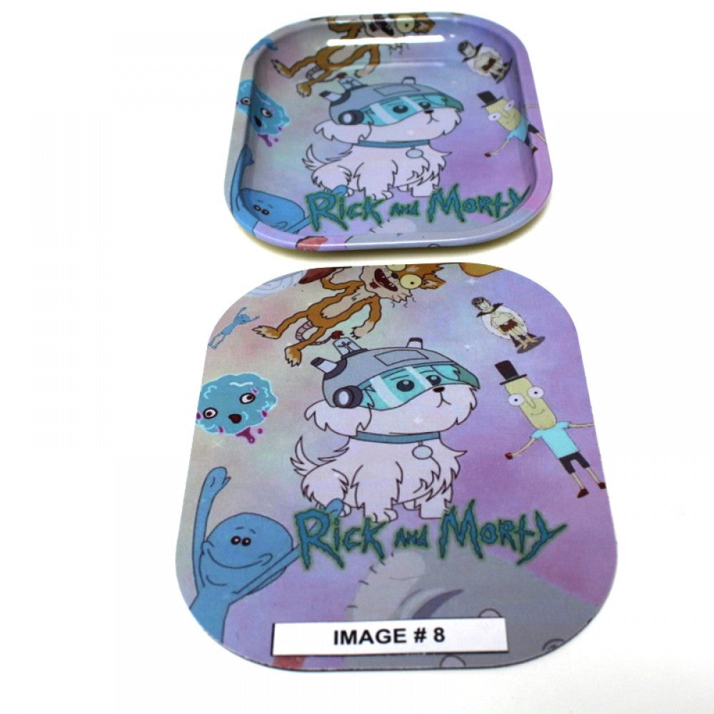 Art print metal rolling tray with magnetic lid, two section durable design for organized and safe storage use.