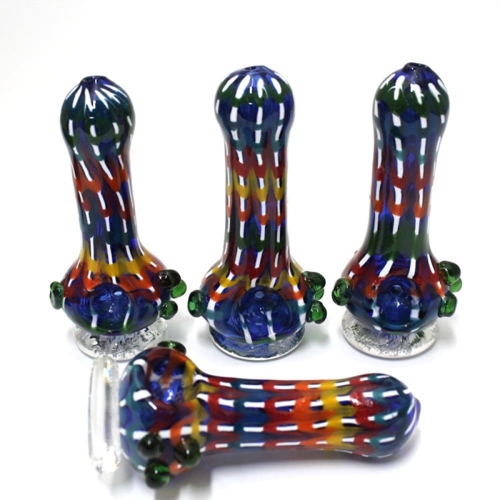 Artistic bubble design standing multi color glass hand pipe made with heavy duty thick glass and unique handcrafted finish.