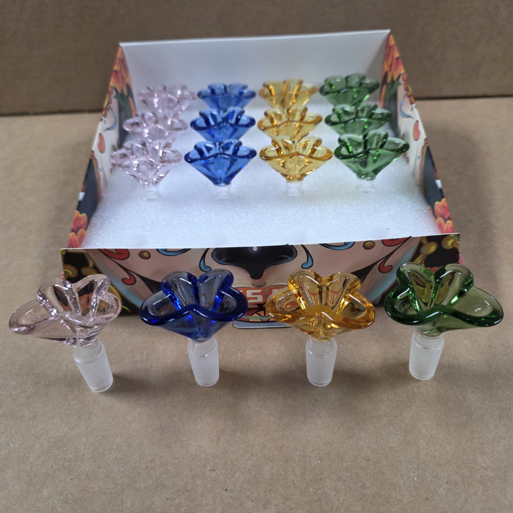 Artistic flower shape glass bowl with 14mm male fitting designed for smooth airflow, durability, and stylish water pipe use.