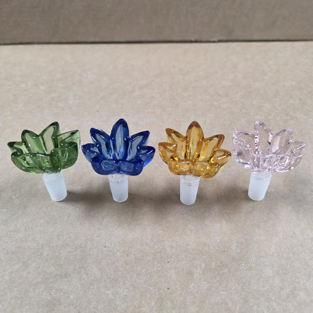 Artistic leaf shape glass bowl with 14mm male fitting designed for smooth airflow, durability, and stylish water pipe experience.