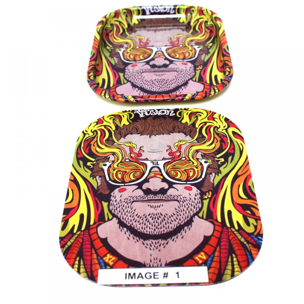 Artistic metal rolling tray with magnetic lid box design, durable and smooth surface for secure use.
