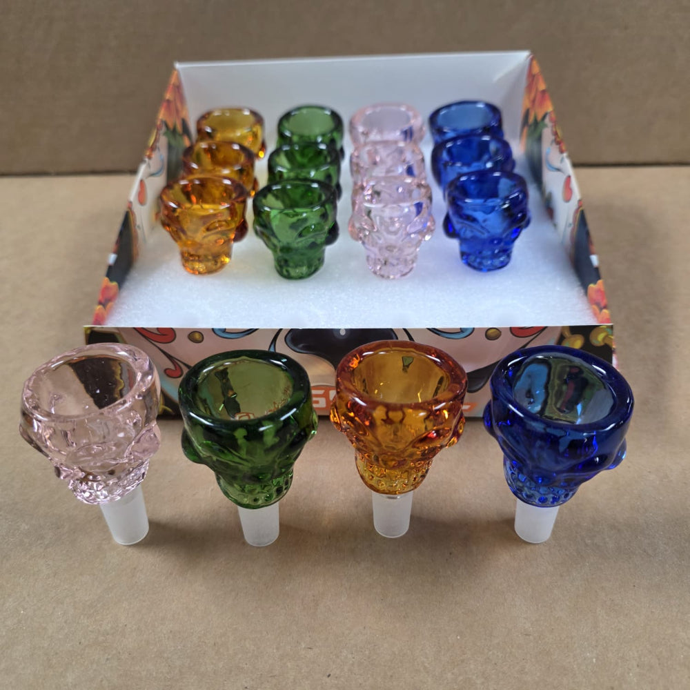 Artistic skull shape glass bowl with 14mm male fitting designed for smooth airflow, durability, and stylish water pipe use.