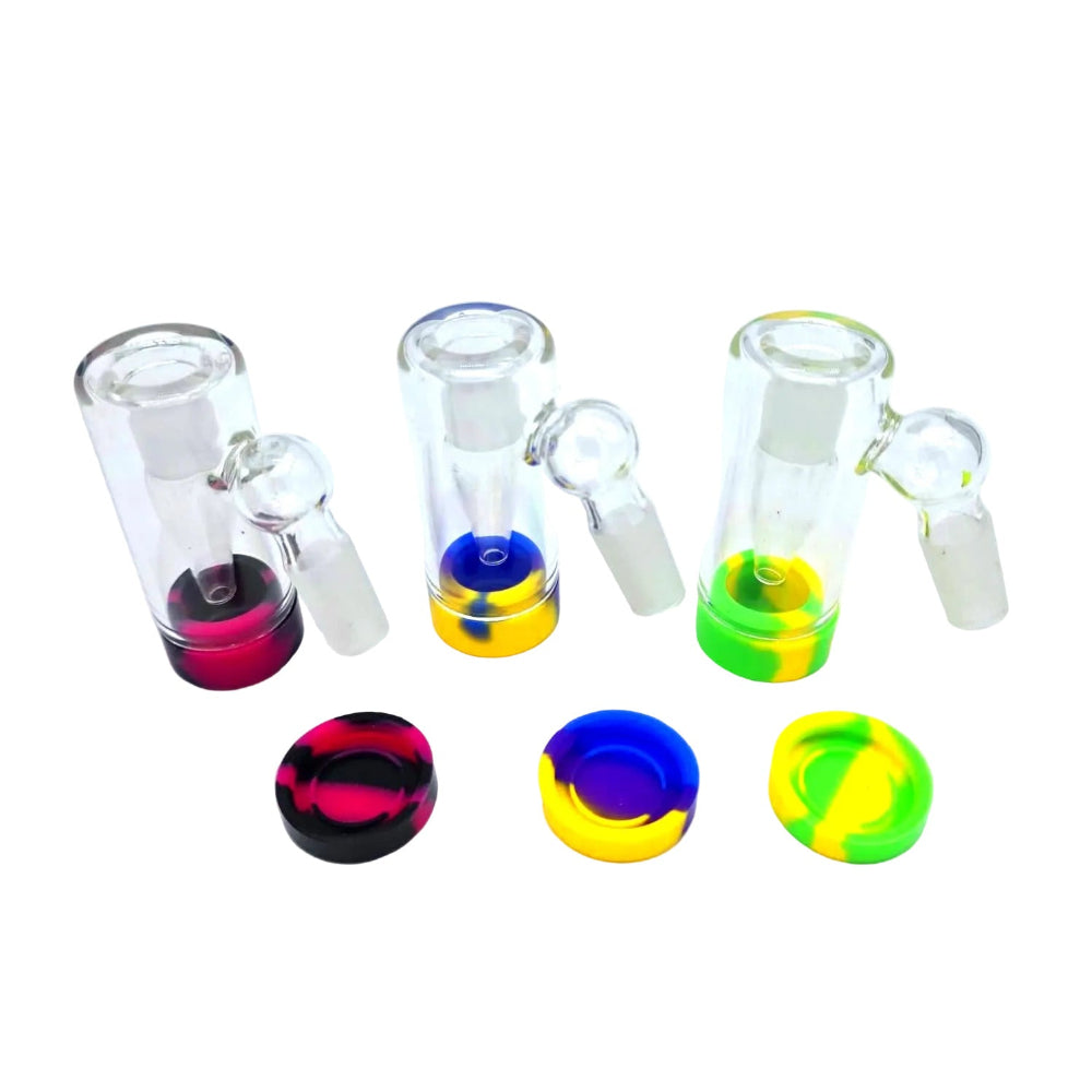 Glass ash catcher with silicone container attachment designed to collect residue and keep water pipes clean