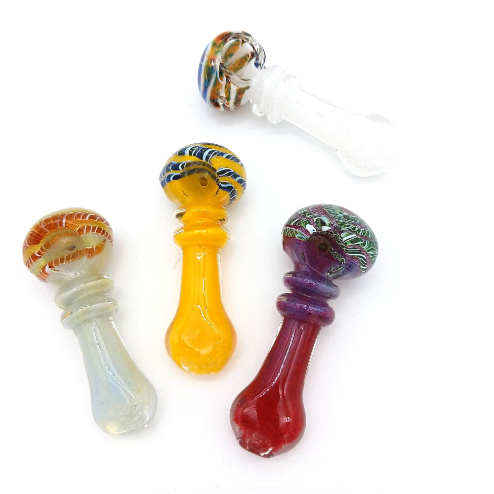 Heavy duty glass hand pipe in assorted colors, made from thick durable glass for a comfortable grip, long-lasting use, and a smooth smoking experience.