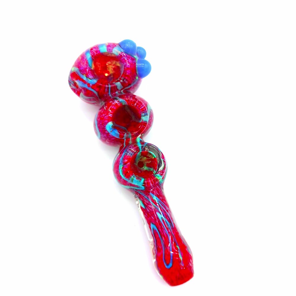 Assorted color triple bowl heavy duty thick glass hand pipe featuring vibrant multicolor design, durable thick glass construction, and functional triple bowl setup.