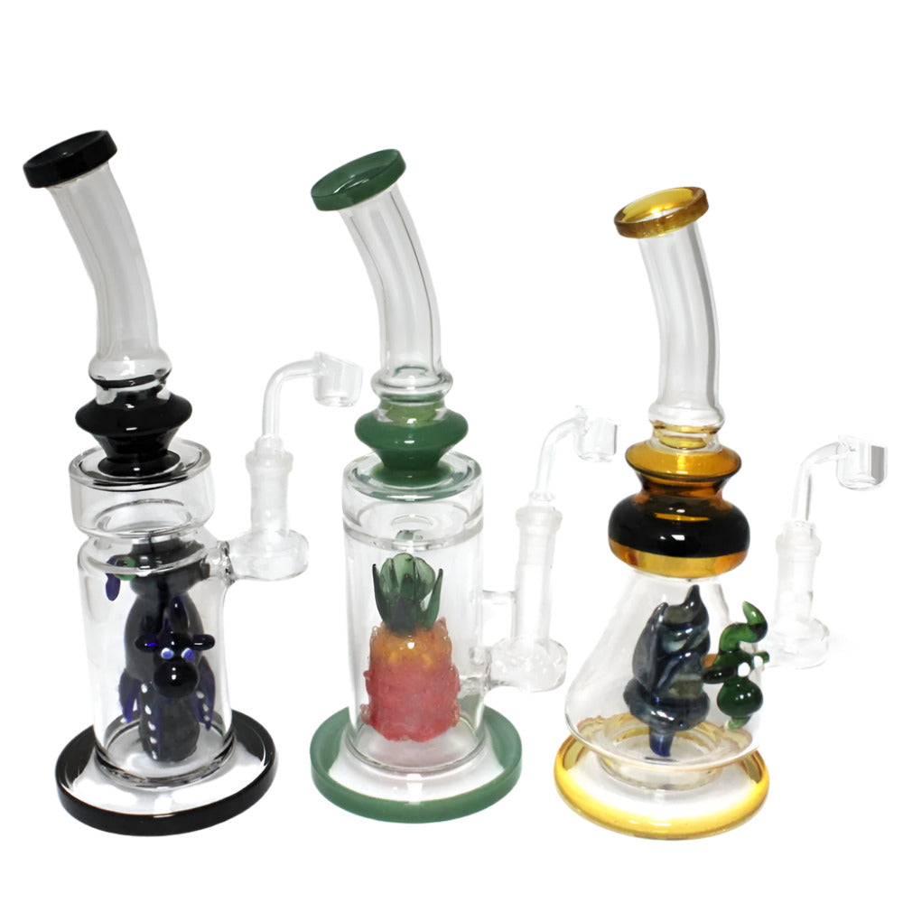 Assorted design percolator water pipe with 14mm male banger featuring durable glass construction and smooth filtration performance.