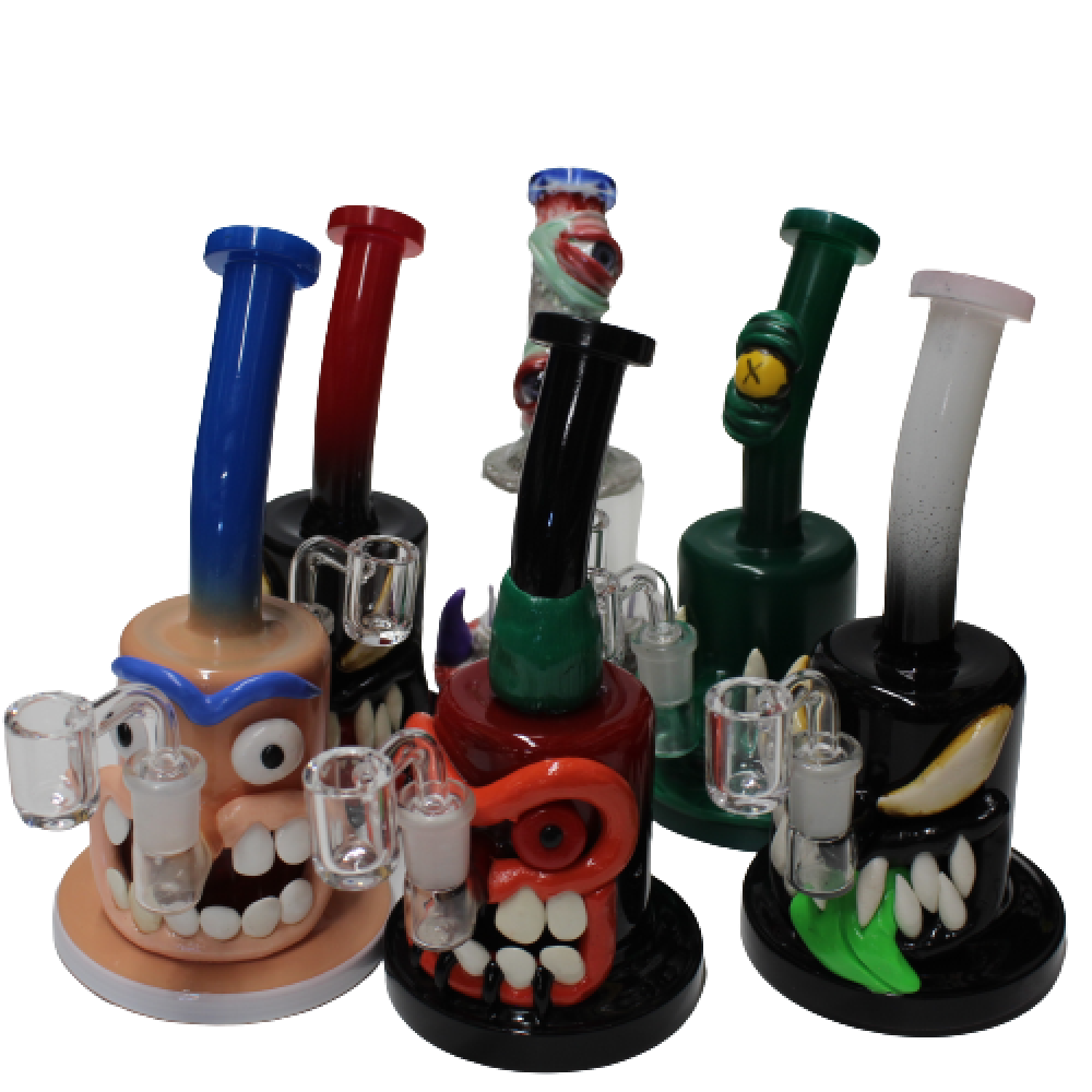Assorted monster design handmade art dab rig water pipe with 14mm male banger featuring unique glass craftsmanship and smooth filtration performance