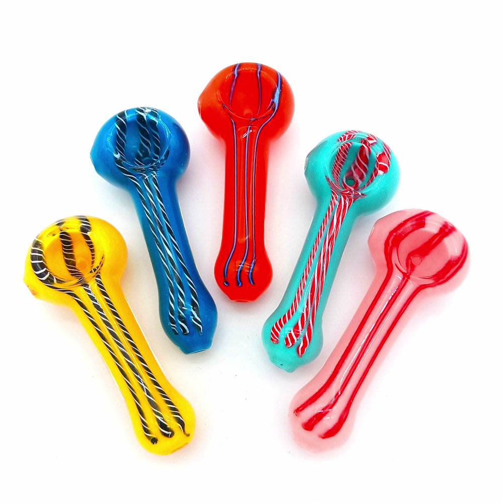 Assorted color heavy duty glass hand pipe featuring vibrant multicolor design, thick durable glass construction, and compact ergonomic handheld shape for smooth use.