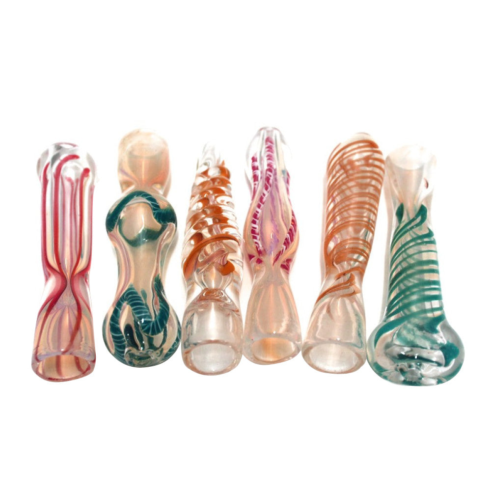 Assorted Swirl Color Chillum with handcrafted glass construction, colorful swirl patterns, and compact portable design.