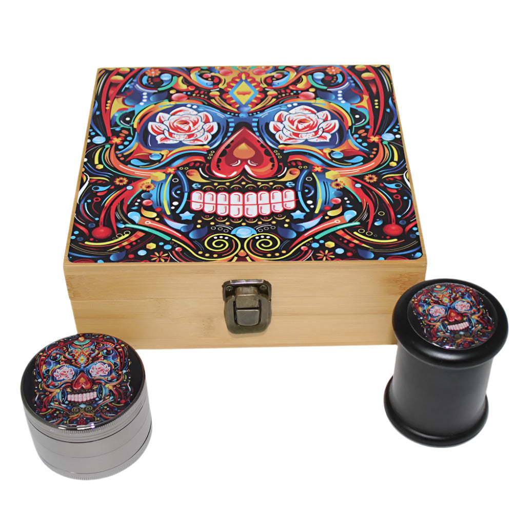 Bamboo storage box with decal, glass jar, and 4-part 63mm zinc grinder set, durable and stylish complete kit for storage and grinding use.