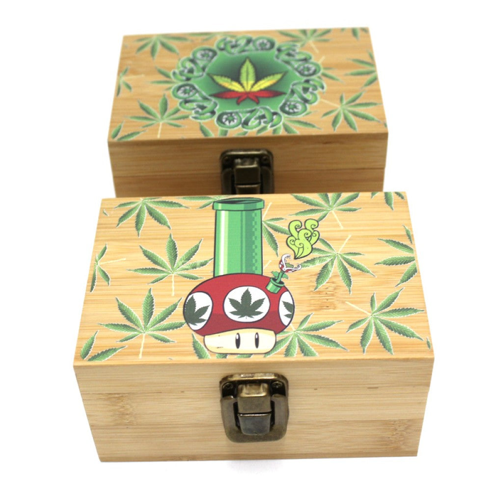 Bamboo herb stash box with decorative top, built-in glass jar, and 40mm 4-part grinder for smooth grinding and organized herbal storage.