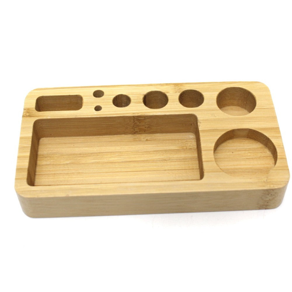 Bamboo tray 5.5 inch by 3 inch size, compact natural wooden rolling tray designed for organizing smoking accessories and easy portability.