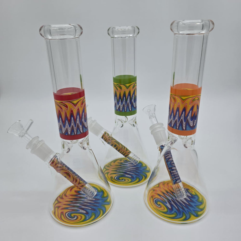Beaker art color water pipe featuring vibrant artistic design, durable glass construction, and stable beaker base for smooth airflow.