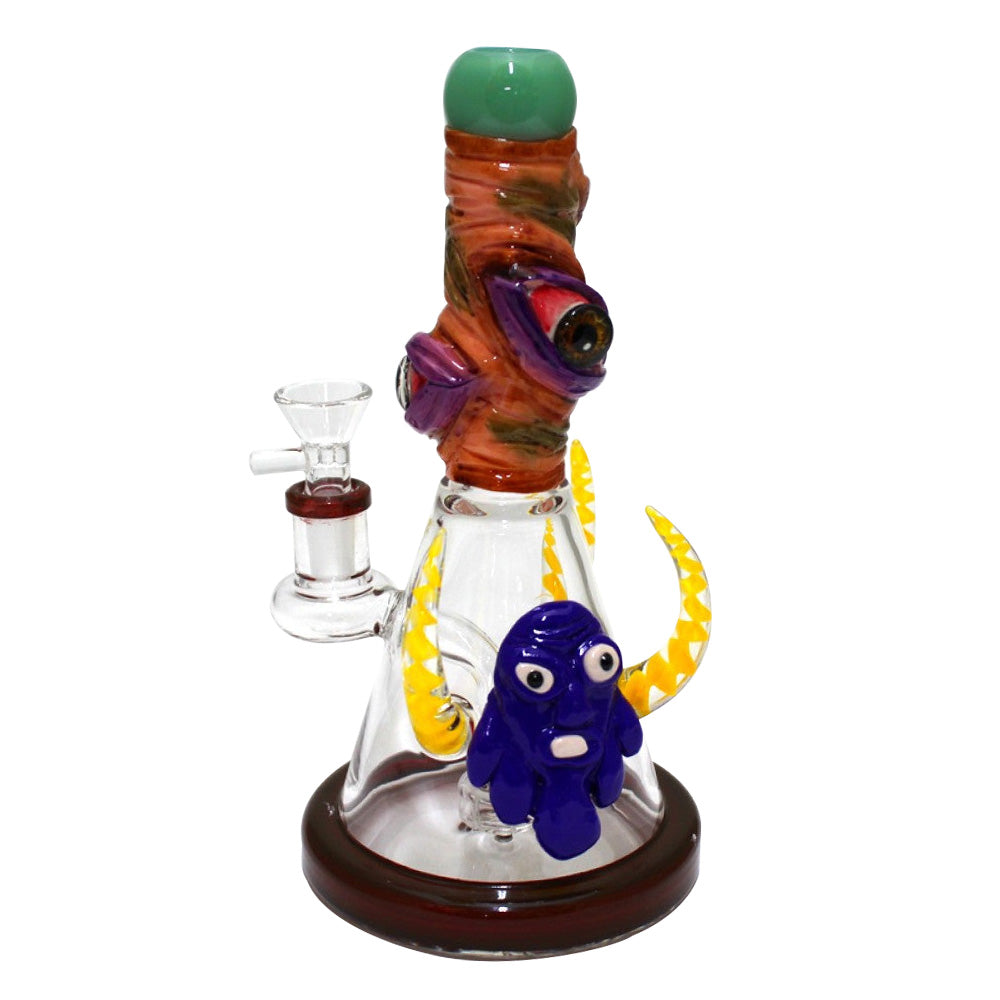 Beaker base water pipe with 3 horns and 3 eyes monster decorated glass bong durable borosilicate glass construction stable base design smooth water filtration system.