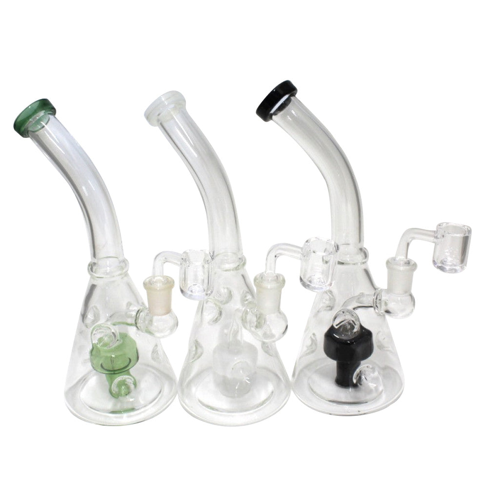Beaker base clear dab rig water pipe with 14mm male quartz banger transparent borosilicate glass rig with stable base smooth water filtration system minimalist design.